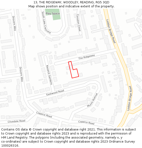 13, THE RIDGEWAY, WOODLEY, READING, RG5 3QD: Location map and indicative extent of plot