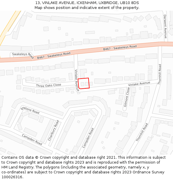 13, VINLAKE AVENUE, ICKENHAM, UXBRIDGE, UB10 8DS: Location map and indicative extent of plot