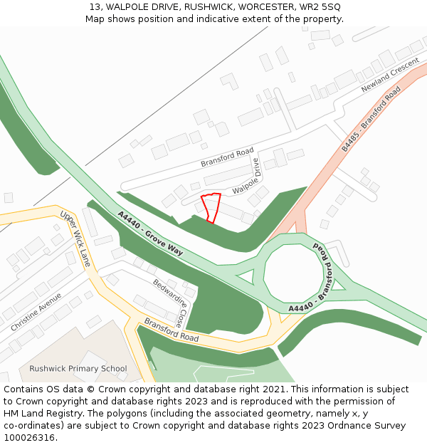 13, WALPOLE DRIVE, RUSHWICK, WORCESTER, WR2 5SQ: Location map and indicative extent of plot