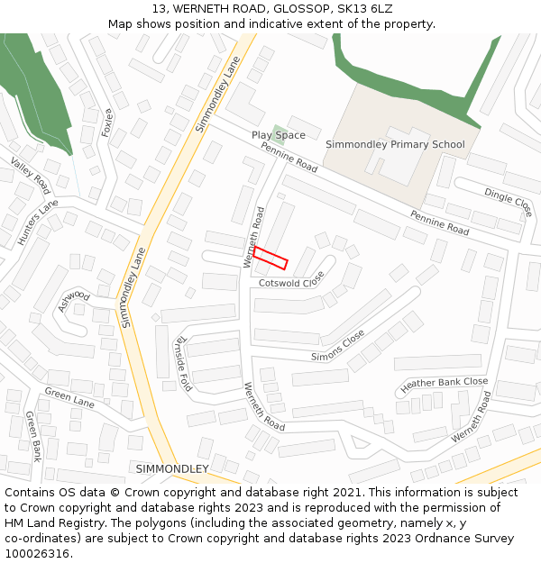 13, WERNETH ROAD, GLOSSOP, SK13 6LZ: Location map and indicative extent of plot