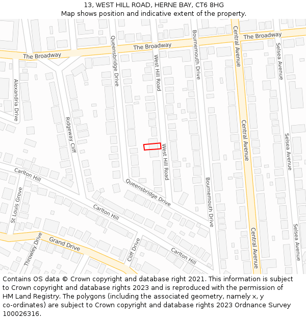 13, WEST HILL ROAD, HERNE BAY, CT6 8HG: Location map and indicative extent of plot