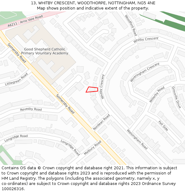 13, WHITBY CRESCENT, WOODTHORPE, NOTTINGHAM, NG5 4NE: Location map and indicative extent of plot