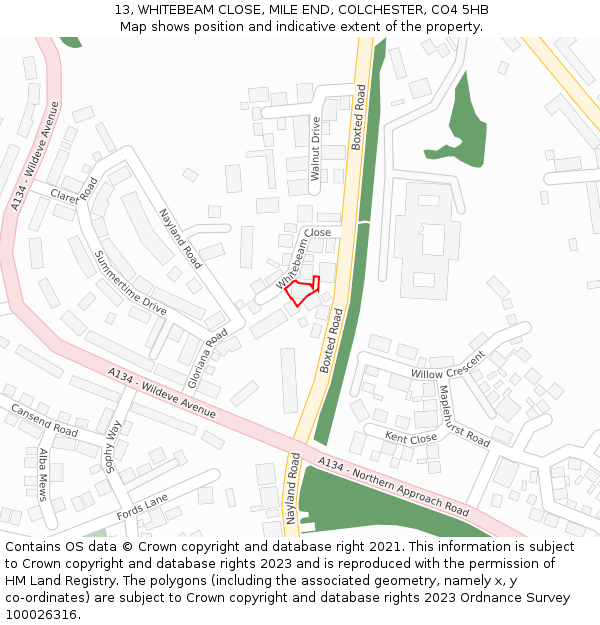 13, WHITEBEAM CLOSE, MILE END, COLCHESTER, CO4 5HB: Location map and indicative extent of plot