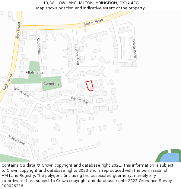 13, WILLOW LANE, MILTON, ABINGDON, OX14 4EG: Location map and indicative extent of plot