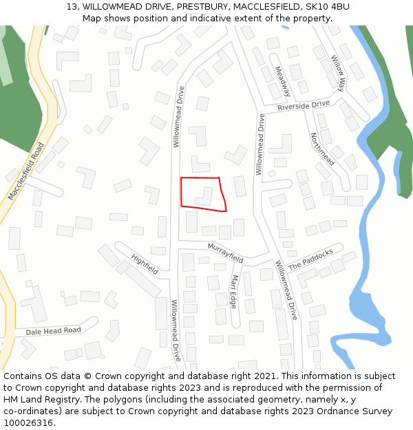 13, WILLOWMEAD DRIVE, PRESTBURY, MACCLESFIELD, SK10 4BU: Location map and indicative extent of plot