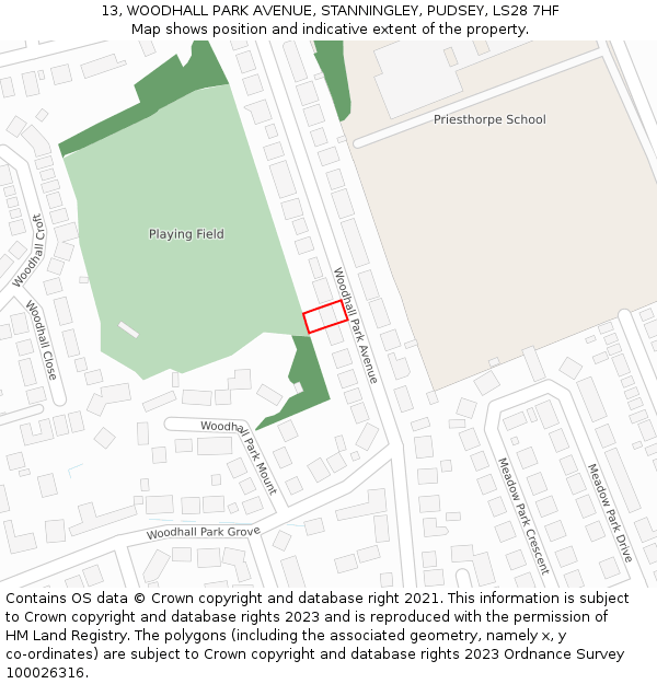 13, WOODHALL PARK AVENUE, STANNINGLEY, PUDSEY, LS28 7HF: Location map and indicative extent of plot