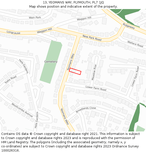 13, YEOMANS WAY, PLYMOUTH, PL7 1JQ: Location map and indicative extent of plot