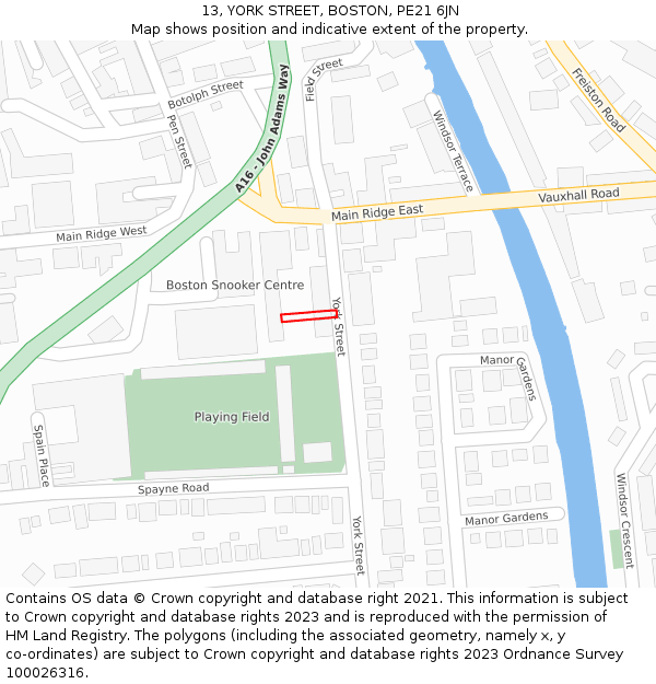 13, YORK STREET, BOSTON, PE21 6JN: Location map and indicative extent of plot