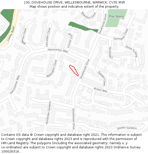 130, DOVEHOUSE DRIVE, WELLESBOURNE, WARWICK, CV35 9NR: Location map and indicative extent of plot