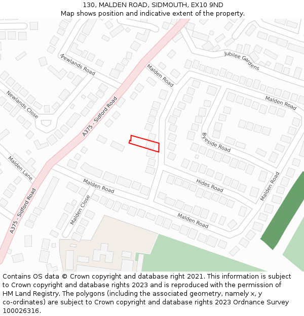 130, MALDEN ROAD, SIDMOUTH, EX10 9ND: Location map and indicative extent of plot