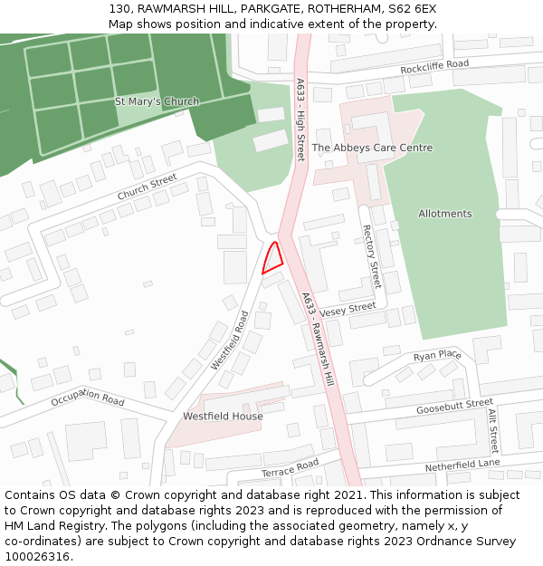 130, RAWMARSH HILL, PARKGATE, ROTHERHAM, S62 6EX: Location map and indicative extent of plot