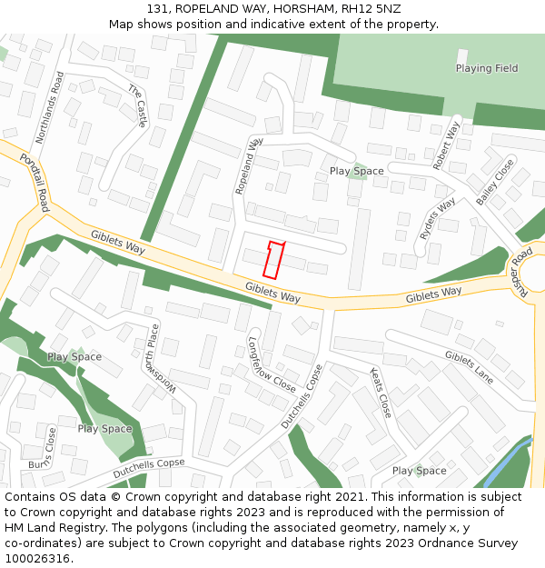 131, ROPELAND WAY, HORSHAM, RH12 5NZ: Location map and indicative extent of plot