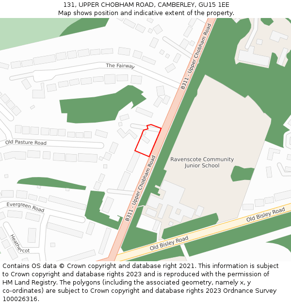 131, UPPER CHOBHAM ROAD, CAMBERLEY, GU15 1EE: Location map and indicative extent of plot