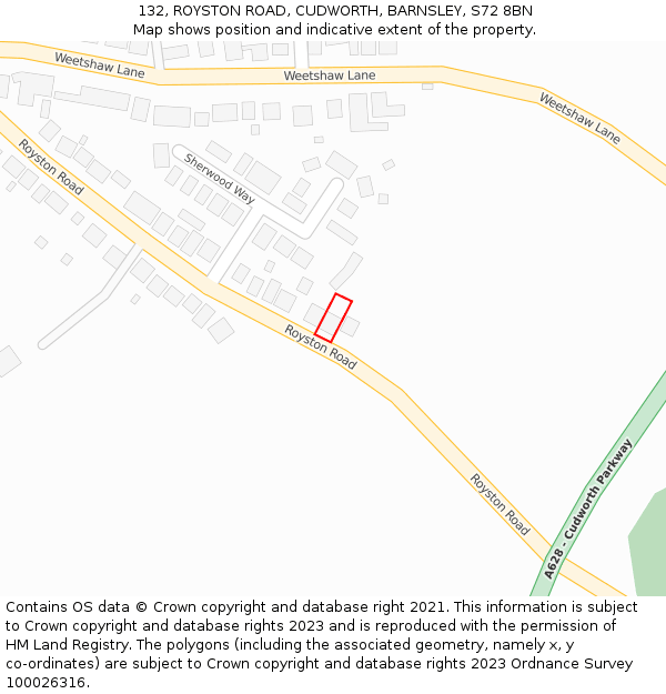 132, ROYSTON ROAD, CUDWORTH, BARNSLEY, S72 8BN: Location map and indicative extent of plot