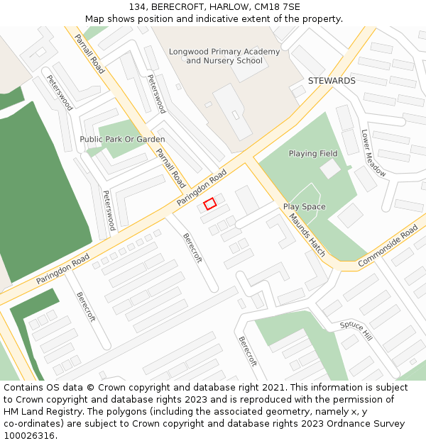 134, BERECROFT, HARLOW, CM18 7SE: Location map and indicative extent of plot