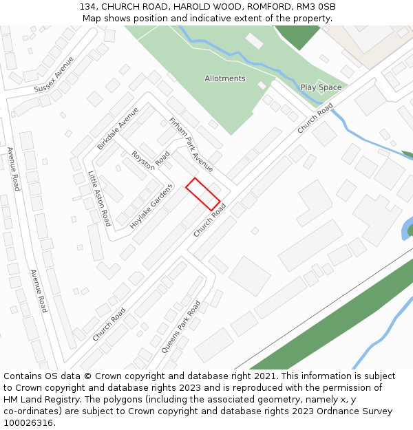 134, CHURCH ROAD, HAROLD WOOD, ROMFORD, RM3 0SB: Location map and indicative extent of plot