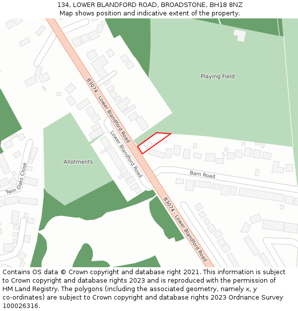 134, LOWER BLANDFORD ROAD, BROADSTONE, BH18 8NZ: Location map and indicative extent of plot