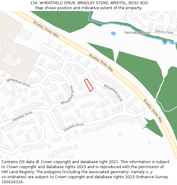 134, WHEATFIELD DRIVE, BRADLEY STOKE, BRISTOL, BS32 9DD: Location map and indicative extent of plot