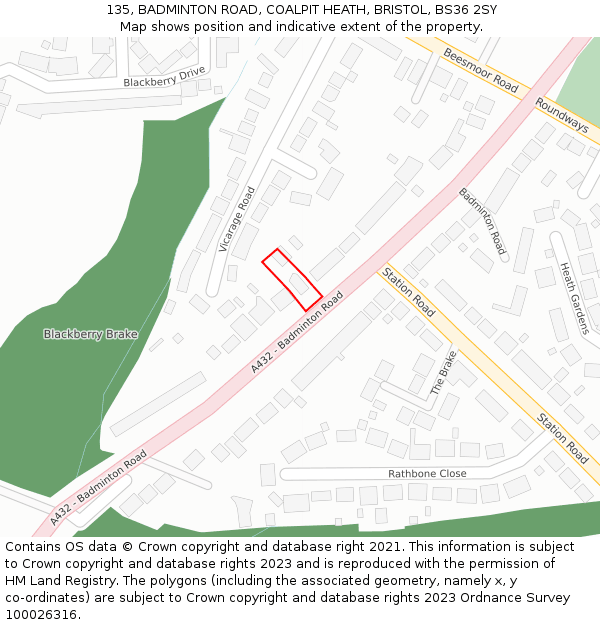 135, BADMINTON ROAD, COALPIT HEATH, BRISTOL, BS36 2SY: Location map and indicative extent of plot