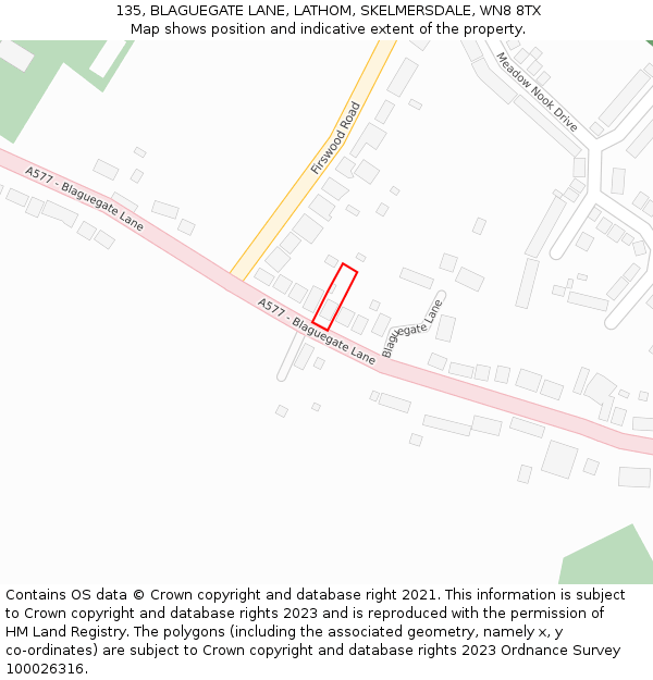 135, BLAGUEGATE LANE, LATHOM, SKELMERSDALE, WN8 8TX: Location map and indicative extent of plot