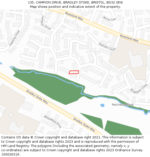 135, CAMPION DRIVE, BRADLEY STOKE, BRISTOL, BS32 0EW: Location map and indicative extent of plot