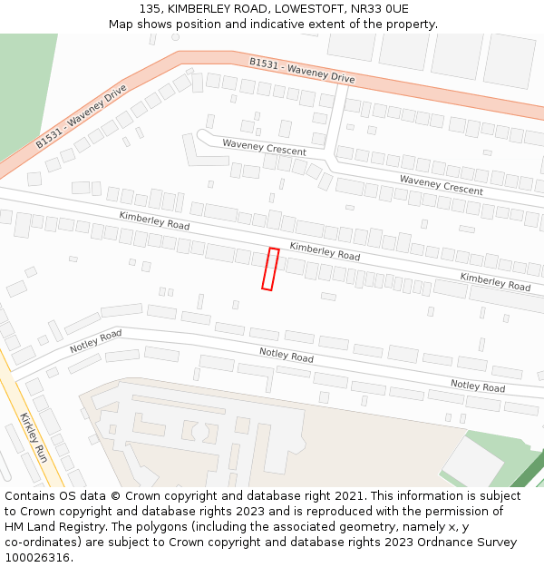 135, KIMBERLEY ROAD, LOWESTOFT, NR33 0UE: Location map and indicative extent of plot