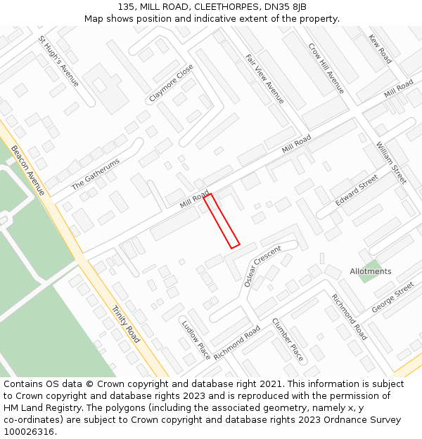 135, MILL ROAD, CLEETHORPES, DN35 8JB: Location map and indicative extent of plot