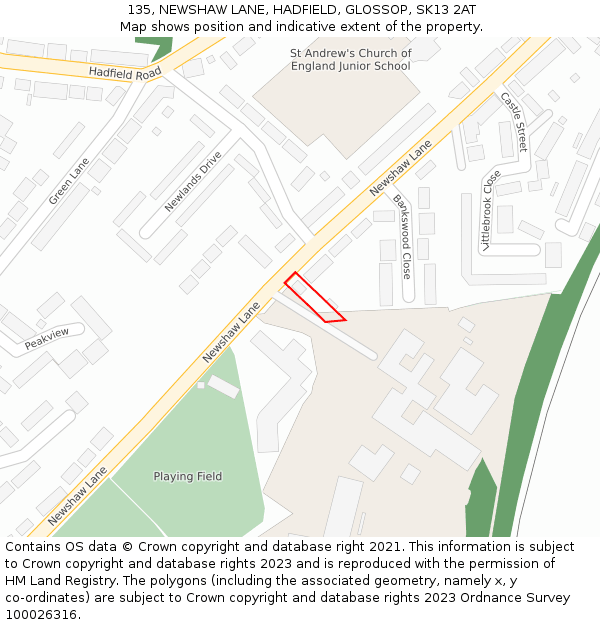 135, NEWSHAW LANE, HADFIELD, GLOSSOP, SK13 2AT: Location map and indicative extent of plot