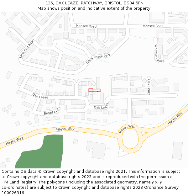 136, OAK LEAZE, PATCHWAY, BRISTOL, BS34 5FN: Location map and indicative extent of plot