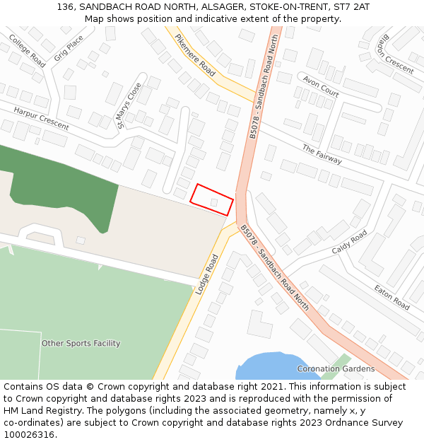 136, SANDBACH ROAD NORTH, ALSAGER, STOKE-ON-TRENT, ST7 2AT: Location map and indicative extent of plot