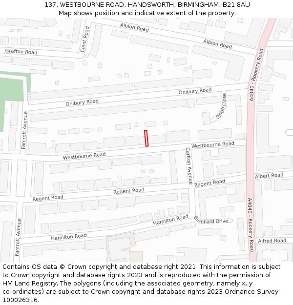 137, WESTBOURNE ROAD, HANDSWORTH, BIRMINGHAM, B21 8AU: Location map and indicative extent of plot