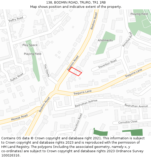 138, BODMIN ROAD, TRURO, TR1 1RB: Location map and indicative extent of plot