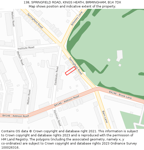 138, SPRINGFIELD ROAD, KINGS HEATH, BIRMINGHAM, B14 7DX: Location map and indicative extent of plot