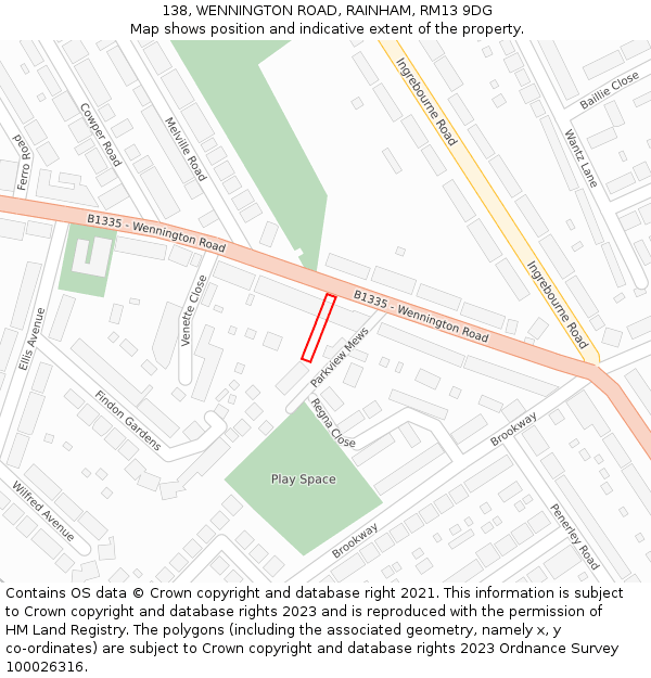 138, WENNINGTON ROAD, RAINHAM, RM13 9DG: Location map and indicative extent of plot