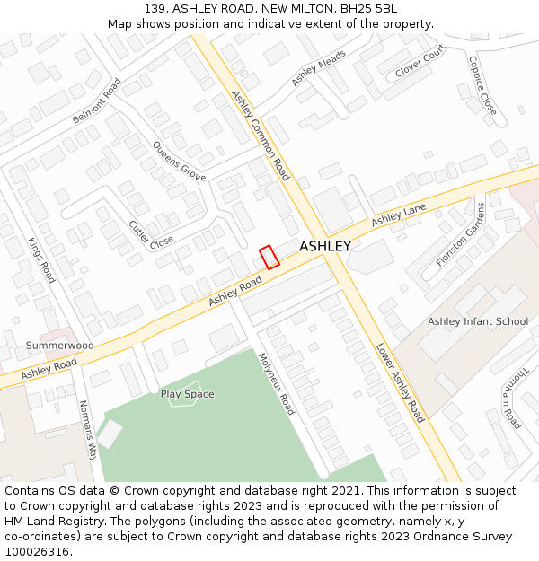 139, ASHLEY ROAD, NEW MILTON, BH25 5BL: Location map and indicative extent of plot