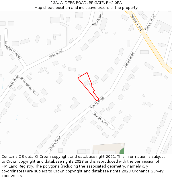 13A, ALDERS ROAD, REIGATE, RH2 0EA: Location map and indicative extent of plot