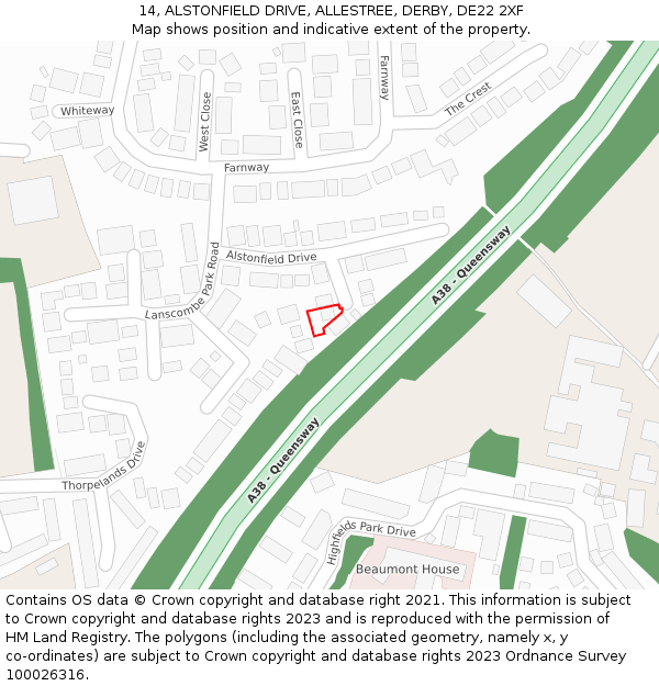 14, ALSTONFIELD DRIVE, ALLESTREE, DERBY, DE22 2XF: Location map and indicative extent of plot