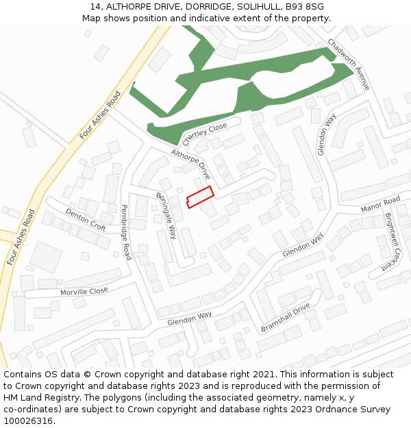 14, ALTHORPE DRIVE, DORRIDGE, SOLIHULL, B93 8SG: Location map and indicative extent of plot