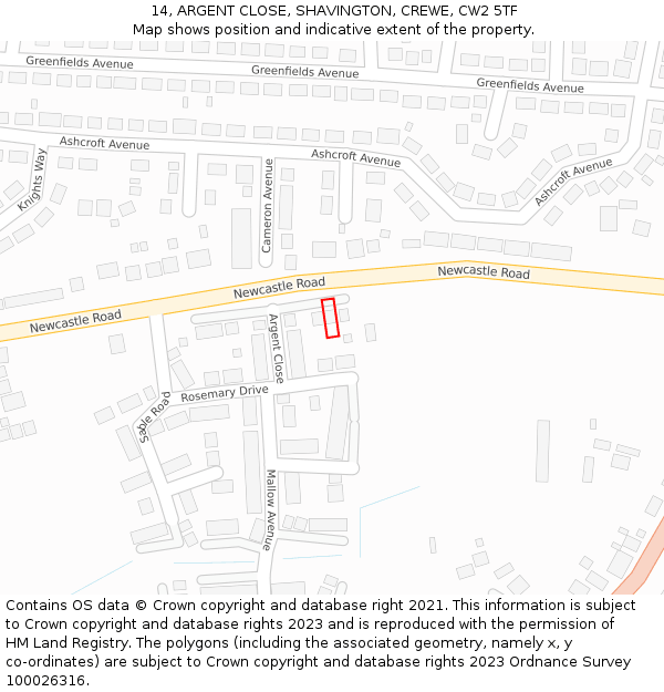 14, ARGENT CLOSE, SHAVINGTON, CREWE, CW2 5TF: Location map and indicative extent of plot