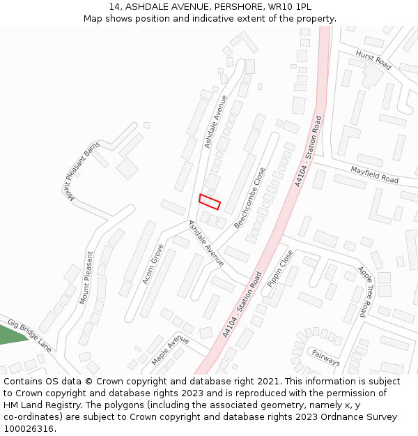 14, ASHDALE AVENUE, PERSHORE, WR10 1PL: Location map and indicative extent of plot