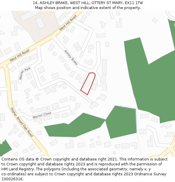 14, ASHLEY BRAKE, WEST HILL, OTTERY ST MARY, EX11 1TW: Location map and indicative extent of plot