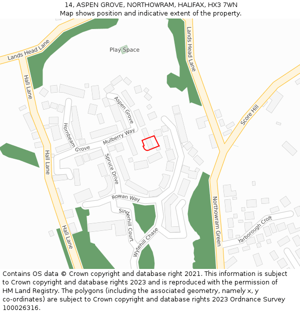 14, ASPEN GROVE, NORTHOWRAM, HALIFAX, HX3 7WN: Location map and indicative extent of plot