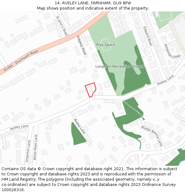 14, AVELEY LANE, FARNHAM, GU9 8PW: Location map and indicative extent of plot