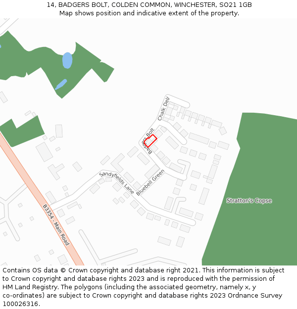 14, BADGERS BOLT, COLDEN COMMON, WINCHESTER, SO21 1GB: Location map and indicative extent of plot