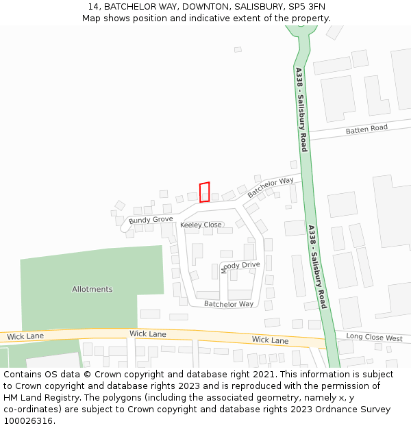 14, BATCHELOR WAY, DOWNTON, SALISBURY, SP5 3FN: Location map and indicative extent of plot