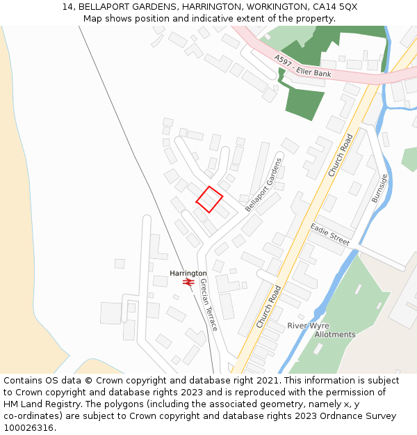 14, BELLAPORT GARDENS, HARRINGTON, WORKINGTON, CA14 5QX: Location map and indicative extent of plot