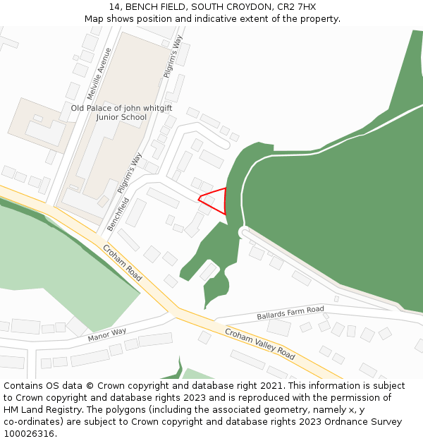 14, BENCH FIELD, SOUTH CROYDON, CR2 7HX: Location map and indicative extent of plot