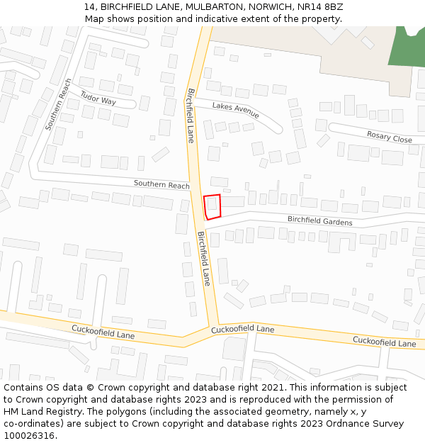 14, BIRCHFIELD LANE, MULBARTON, NORWICH, NR14 8BZ: Location map and indicative extent of plot