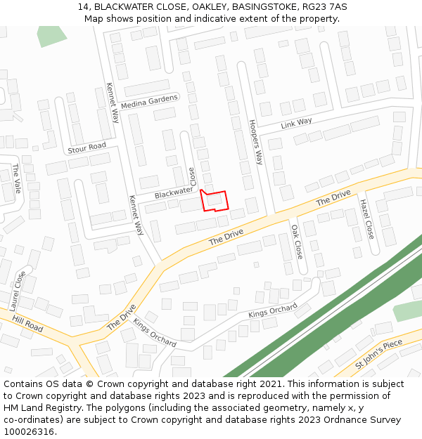 14, BLACKWATER CLOSE, OAKLEY, BASINGSTOKE, RG23 7AS: Location map and indicative extent of plot