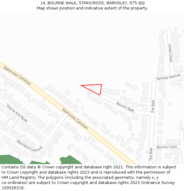 14, BOURNE WALK, STAINCROSS, BARNSLEY, S75 6JQ: Location map and indicative extent of plot